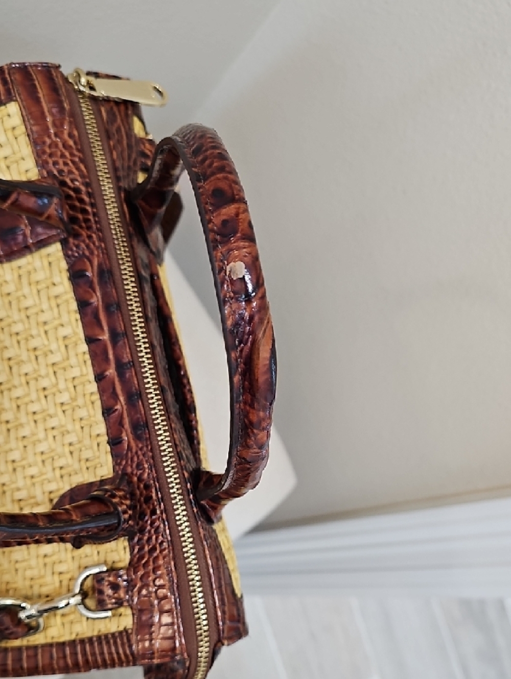 Brahmin Tan Straw Satchel with Brown Faux-Croc Trim - Picture 6 of 11